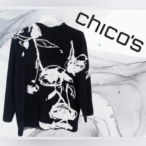 Chico’s Size 4  (XXL) Black and White Floral Mock Neck Sweater